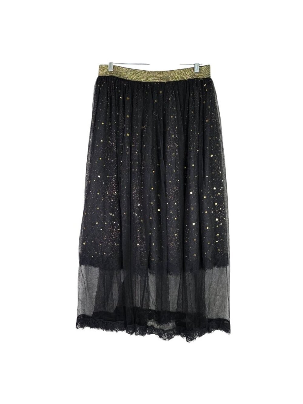 Womens Black & Gold Glitter Tulle Maxi Skirt With Lace Hem & Elastic Waistband S